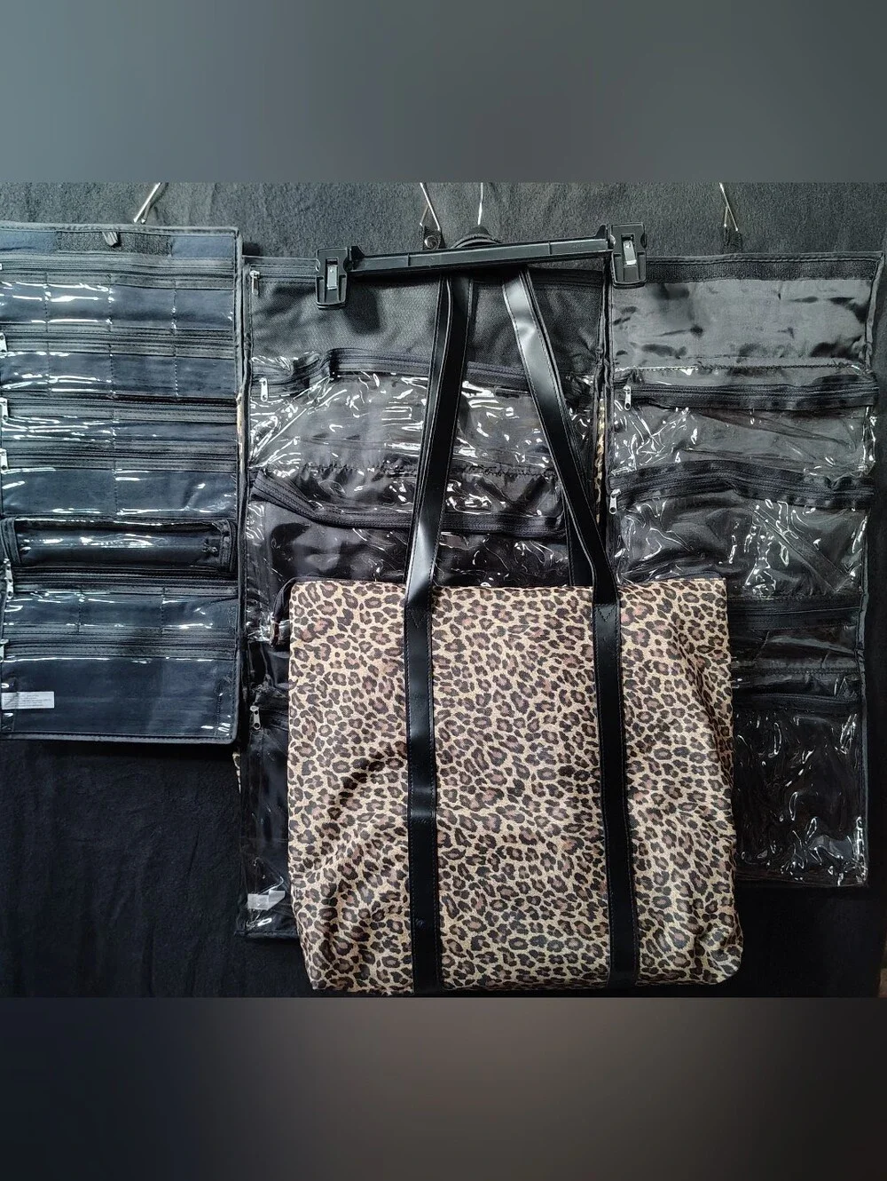 QVC Leopard Print Hanging Makeup Organizer in Tan and Black Trim